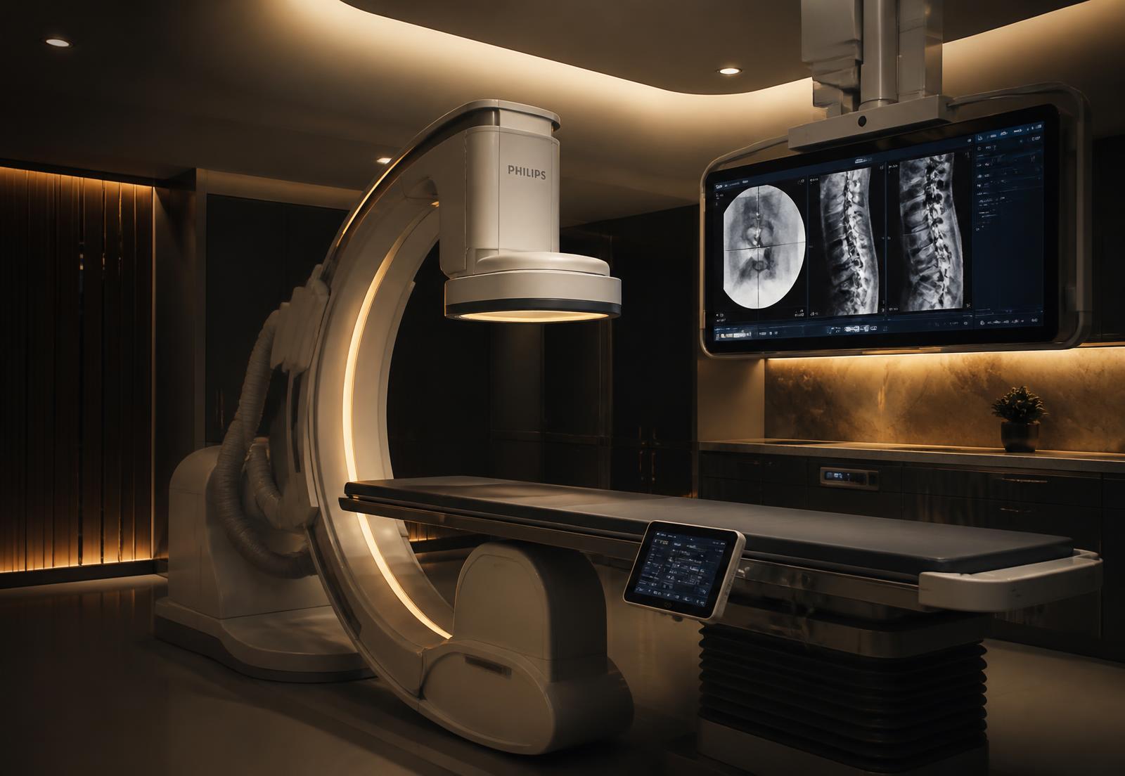 Sala de procedimentos com equipamento de imagem